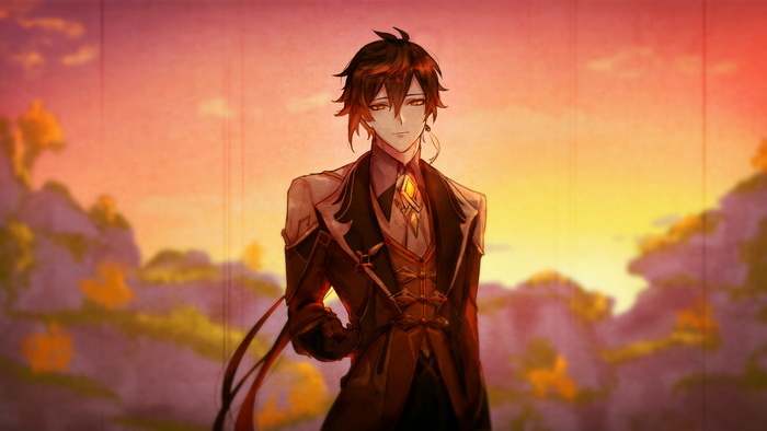 Zhongli from Genshin Impact standing in a landscape