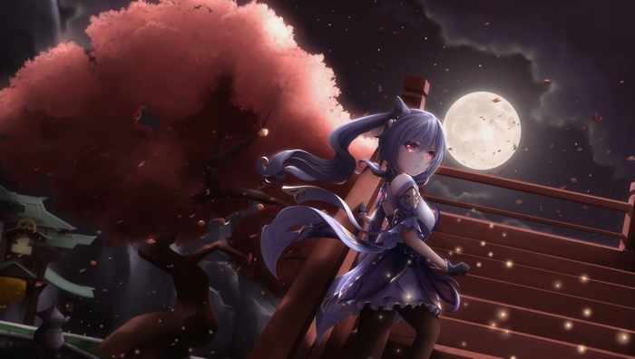 Keqing from Genshin Impact under a full moon