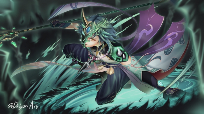 Xiao from Genshin Impact with a polearm