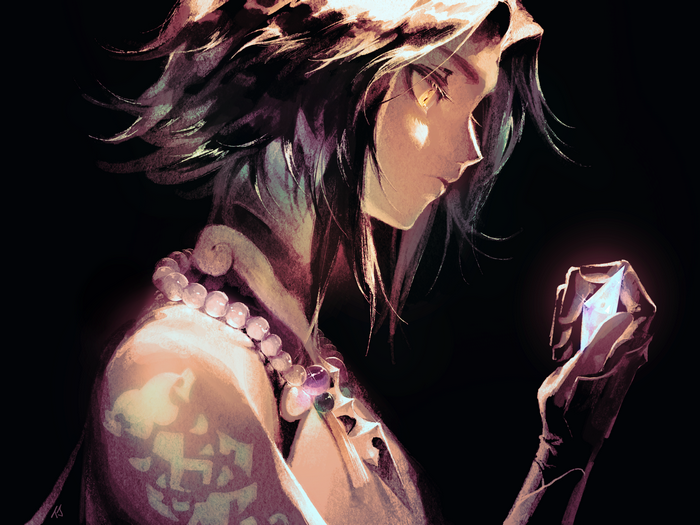 Xiao from Genshin Impact holding a crystal