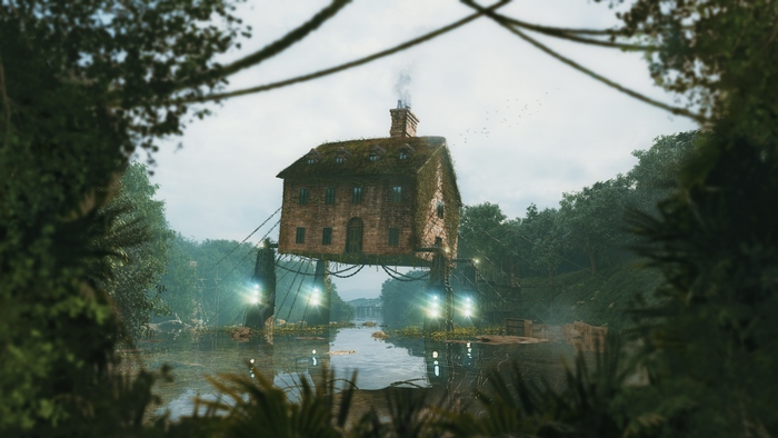 House on stilts over water in a forest