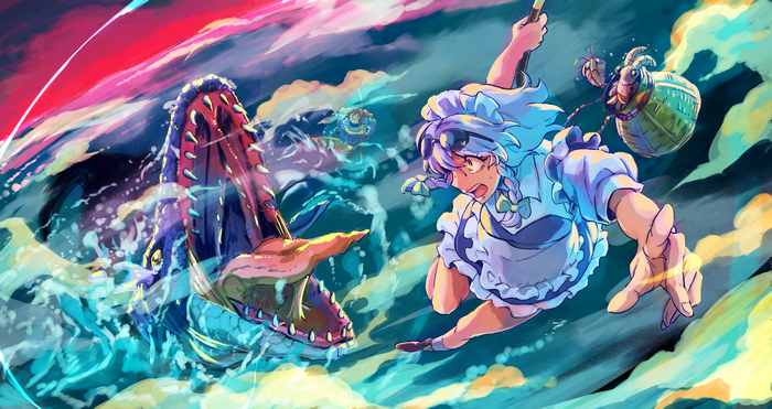 Sakuya Izayoi and Komachi Onozuka from Touhou fighting a sea monster