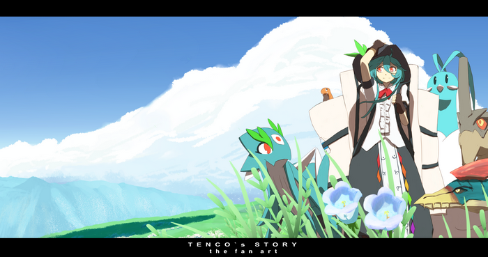 Tenshi Hinanawi and Pokémon with Velocidrome from Monster Hunter