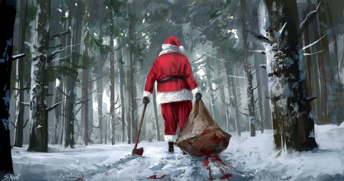 Santa Claus with axe and sack in snowy forest