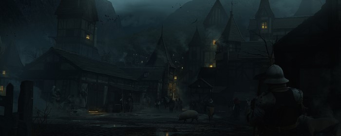 Dark Ages village at night with a soldier