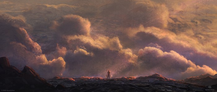 Figure standing on a rocky landscape with dramatic clouds