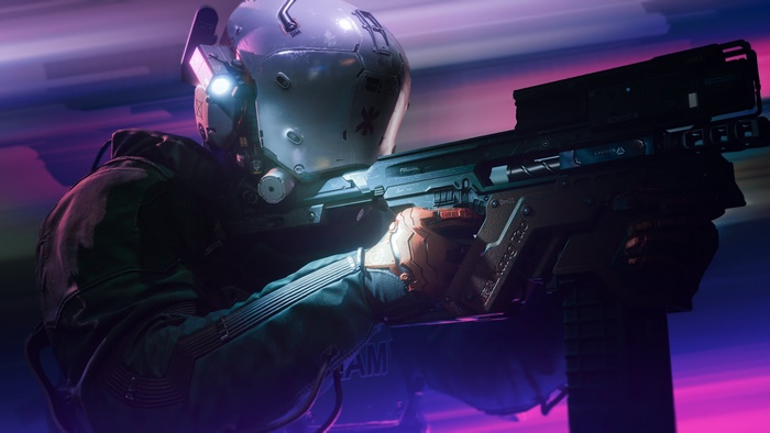 Cyberpunk character aiming a futuristic rifle