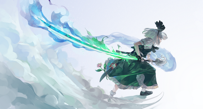 Youmu Konpaku from Touhou wielding a glowing sword