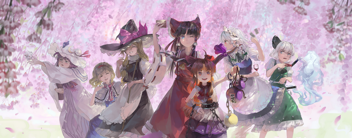 Touhou characters under cherry blossoms