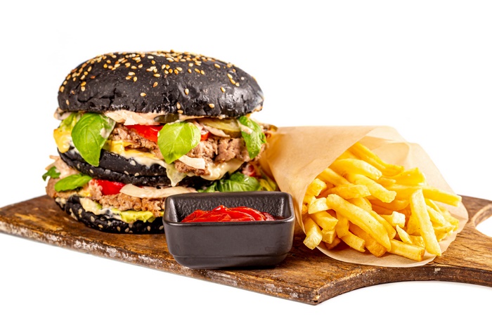 Black Burger with French Fries and Ketchup