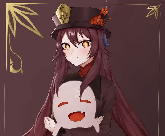 Hu Tao from Genshin Impact holding a ghost plush