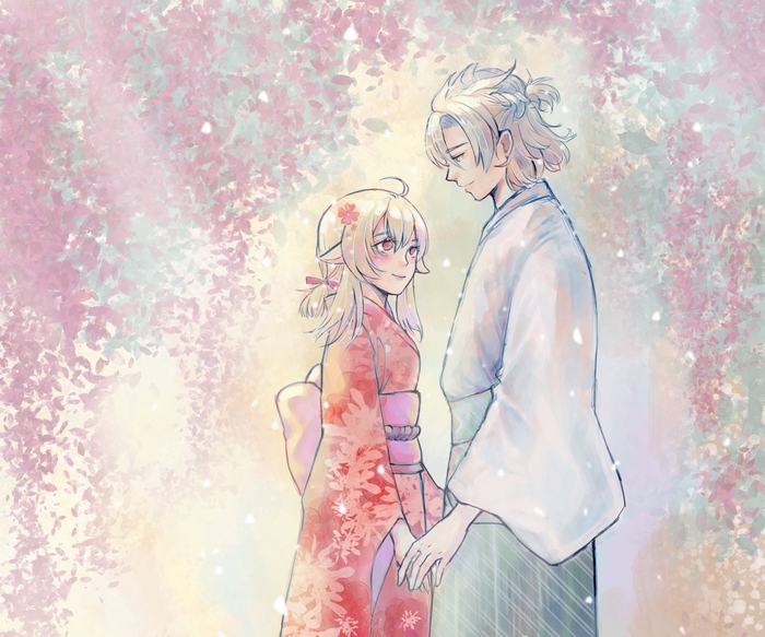 Albedo and Lumine from Genshin Impact in kimonos