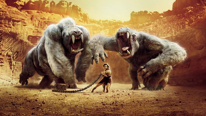 John Carter fighting two ape-like creatures
