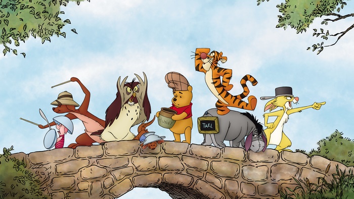 Winnie the Pooh characters on a bridge