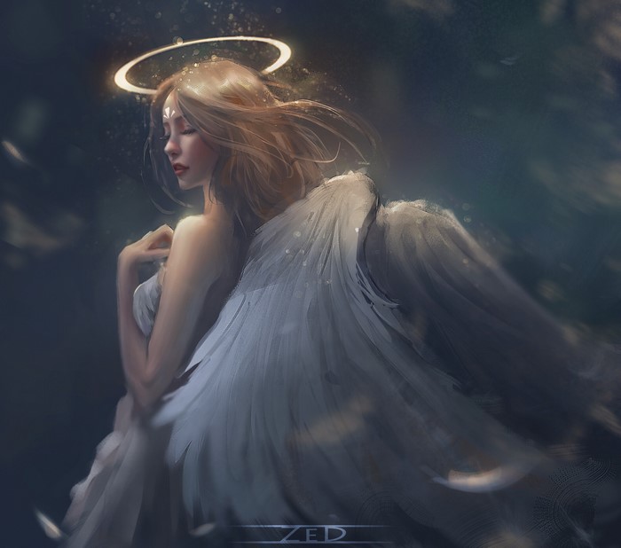 Angel with blonde hair and wings