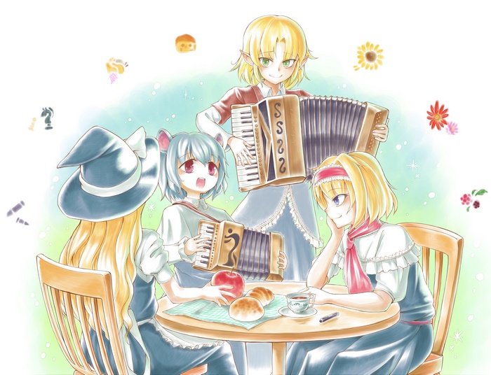 Alice Margatroid, Nazrin, Marisa Kirisame, and Parsee Mizuhashi playing music