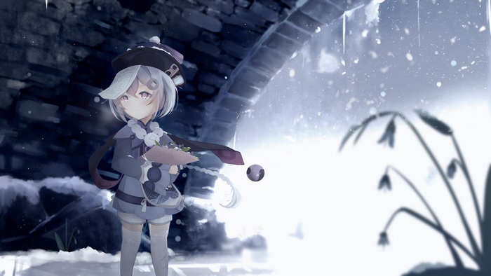 Qiqi from Genshin Impact in a snowy environment