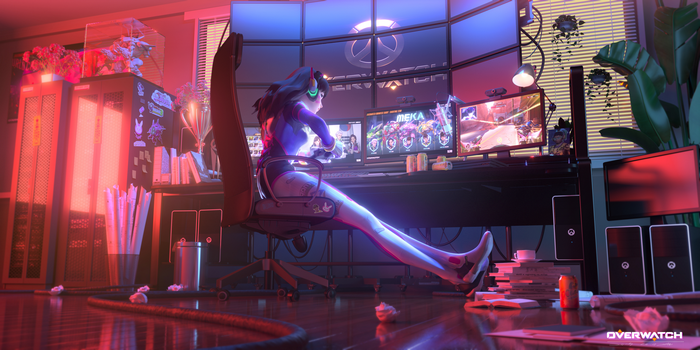 D.Va from Overwatch playing video games