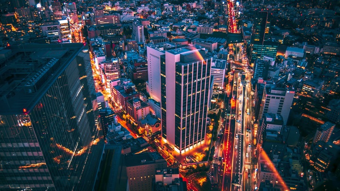 Aerial view of a city at night in Japan