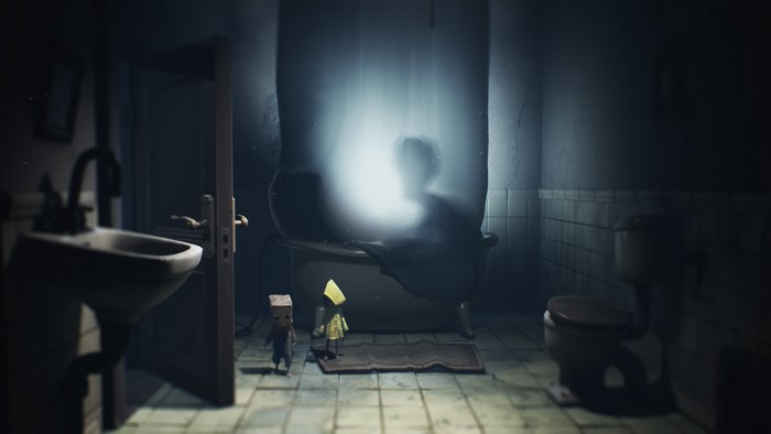 Mono and Six in a bathroom from Little Nightmares II