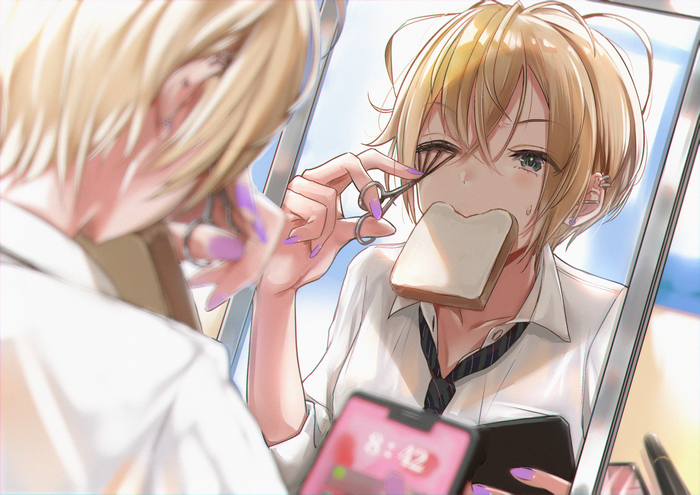 Girl with blonde short hair applying mascara in mirror