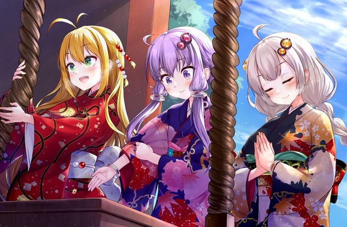 Three anime girls in kimonos