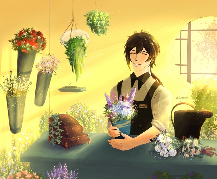 Zhongli from Genshin Impact arranging flowers