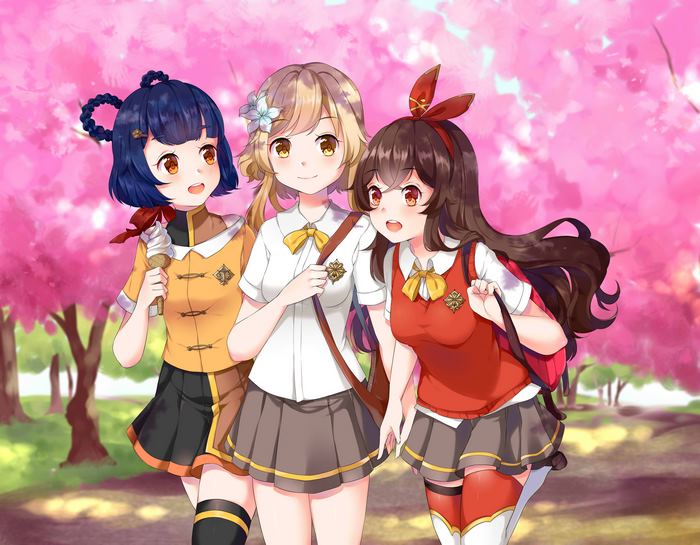 Amber, Xiangling, and Lumine from Genshin Impact
