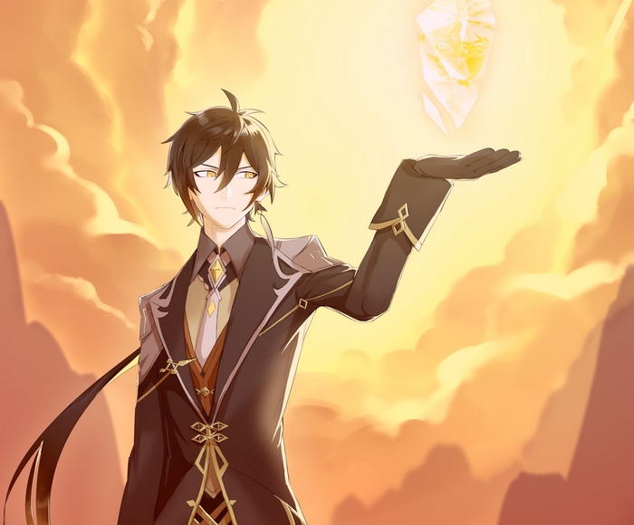 Zhongli from Genshin Impact holding a Geo crystal