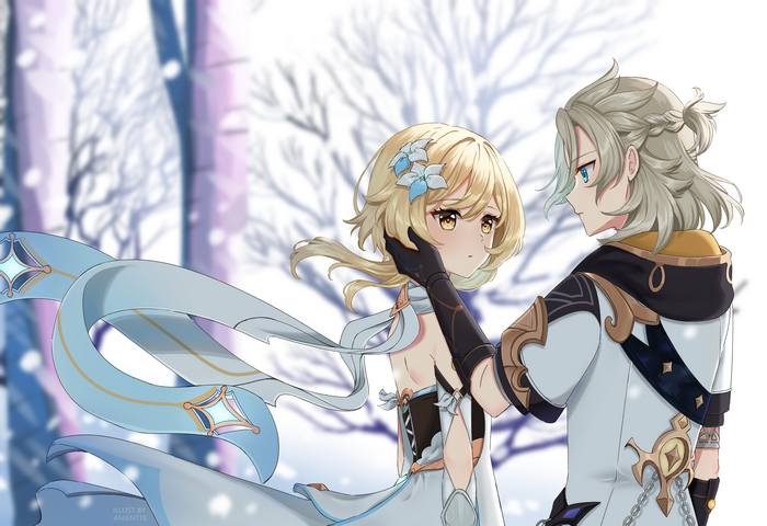 Lumine and Albedo from Genshin Impact in winter