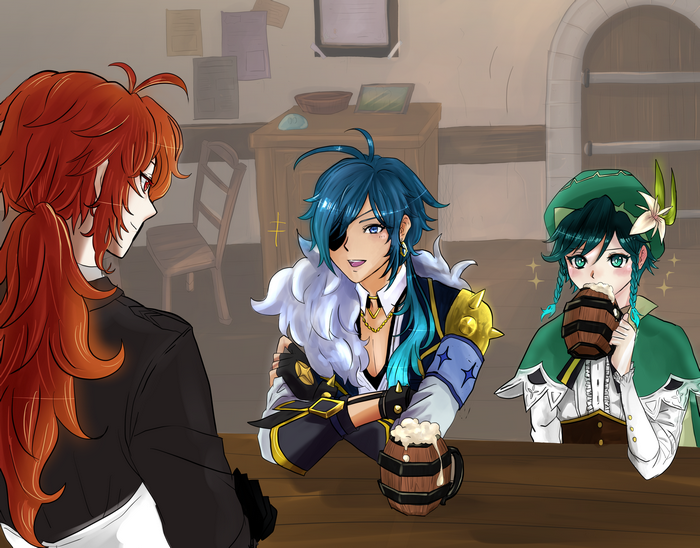 Diluc, Kaeya, and Venti from Genshin Impact at a bar