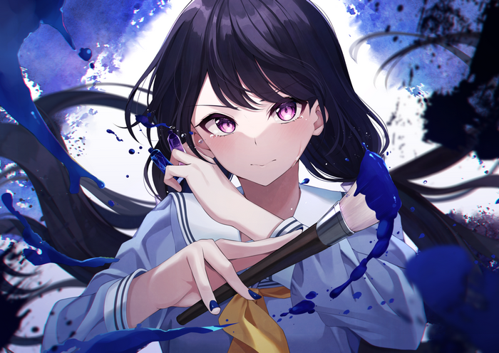 Girl with purple eyes and black hair holding paintbrushes