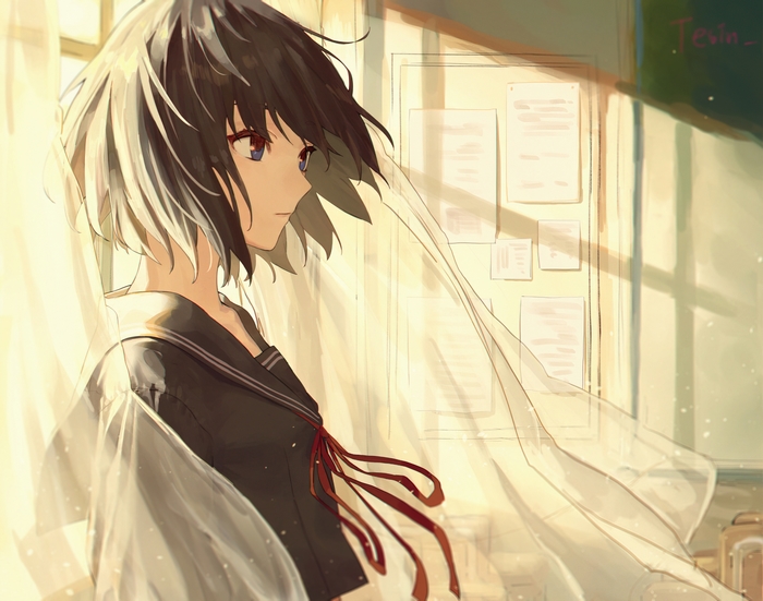 Anime girl in school uniform by the window