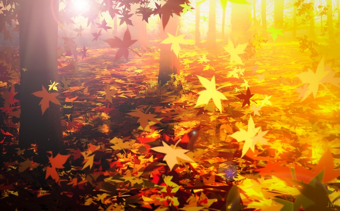 Autumn forest with falling leaves and sunlight