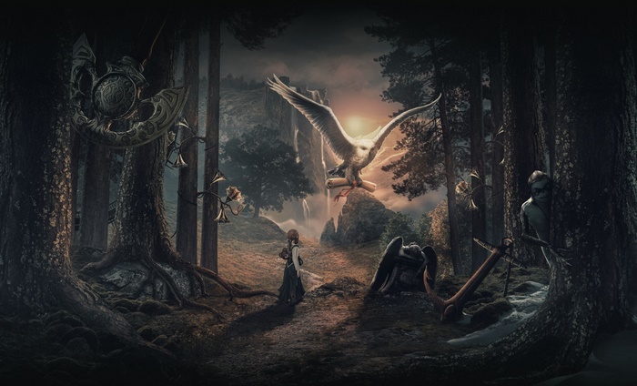 Fantasy forest with a girl and an owl