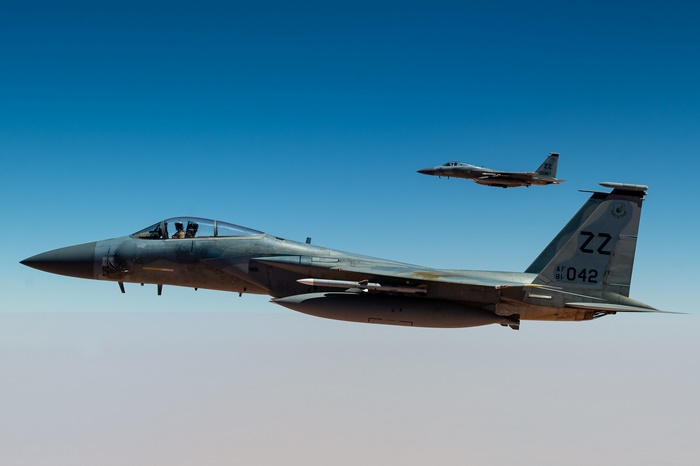 Two United States Air Force F-15 fighter jets in flight