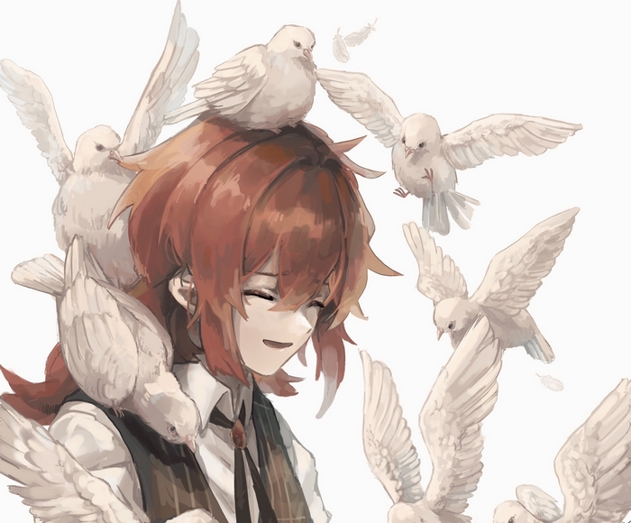 Diluc from Genshin Impact with white birds