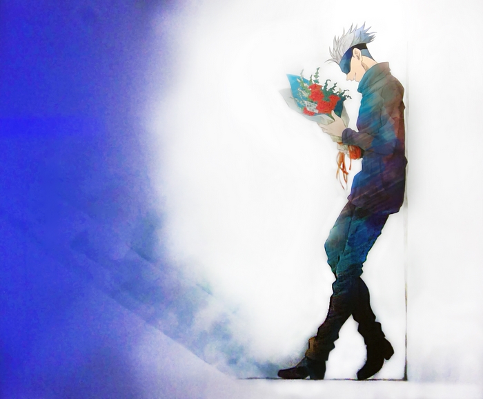 Satoru Gojo holding a bouquet of flowers