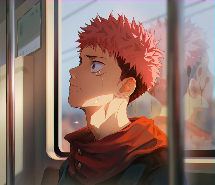 Yuji Itadori crying on a train