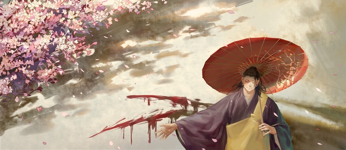 Suguru Geto with umbrella under cherry blossoms