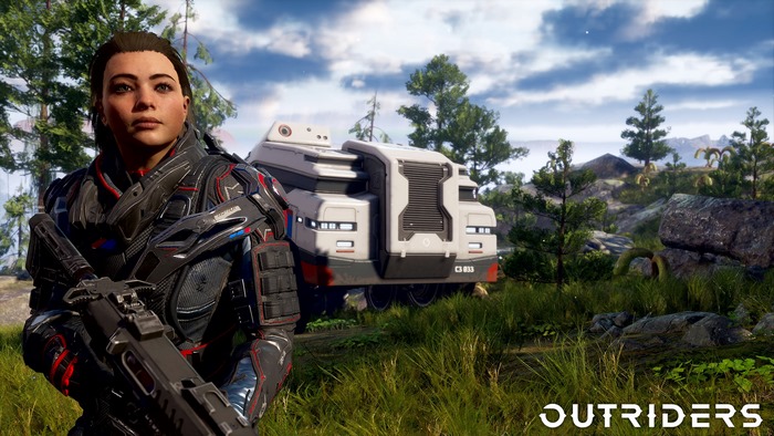 Female soldier with rifle and vehicle in Outriders