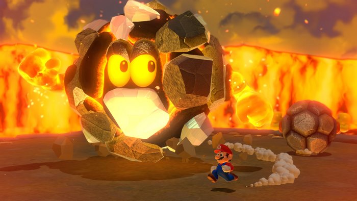 Mario from Bowser's Fury fighting a lava monster
