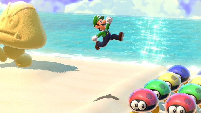 Luigi from Super Mario 3D World + Bowser's Fury on a beach