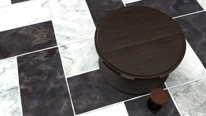 Dark wood table and stool on marble floor