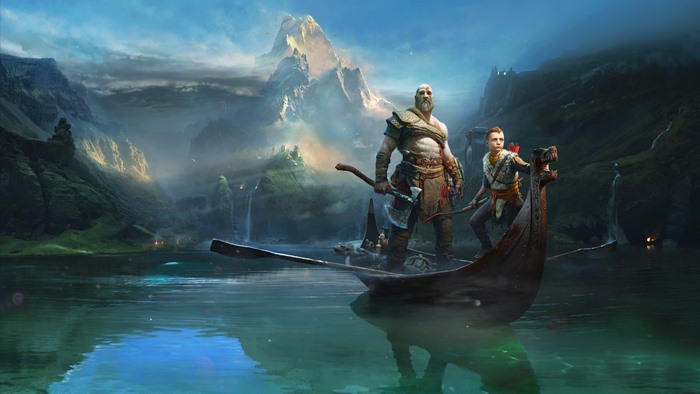 Kratos and Atreus from God of War in a boat