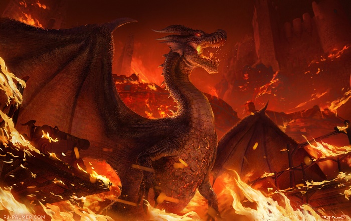Dragon breathing fire in a burning castle