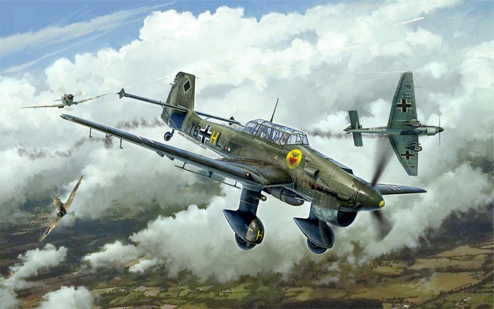 Junkers Ju 87 Stuka dive bombers in aerial combat