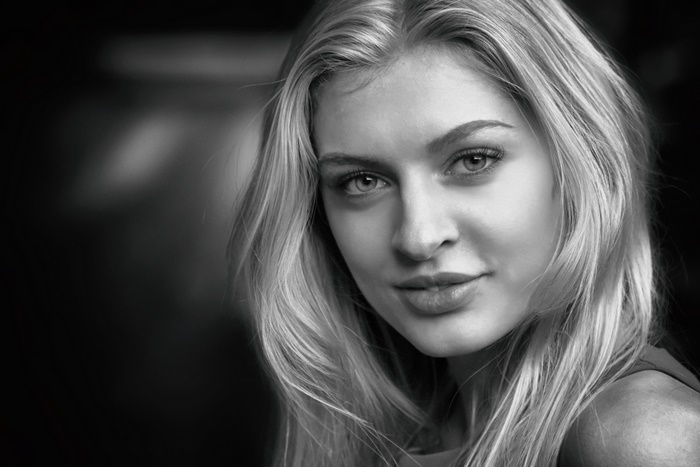 Black and white portrait of a blonde woman
