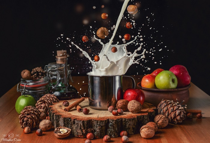 Milk Splash with Nuts and Apples Still Life