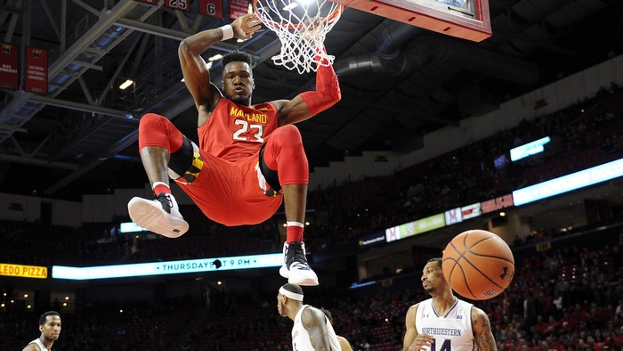 Bruno Fernando of Maryland dunks a basketball